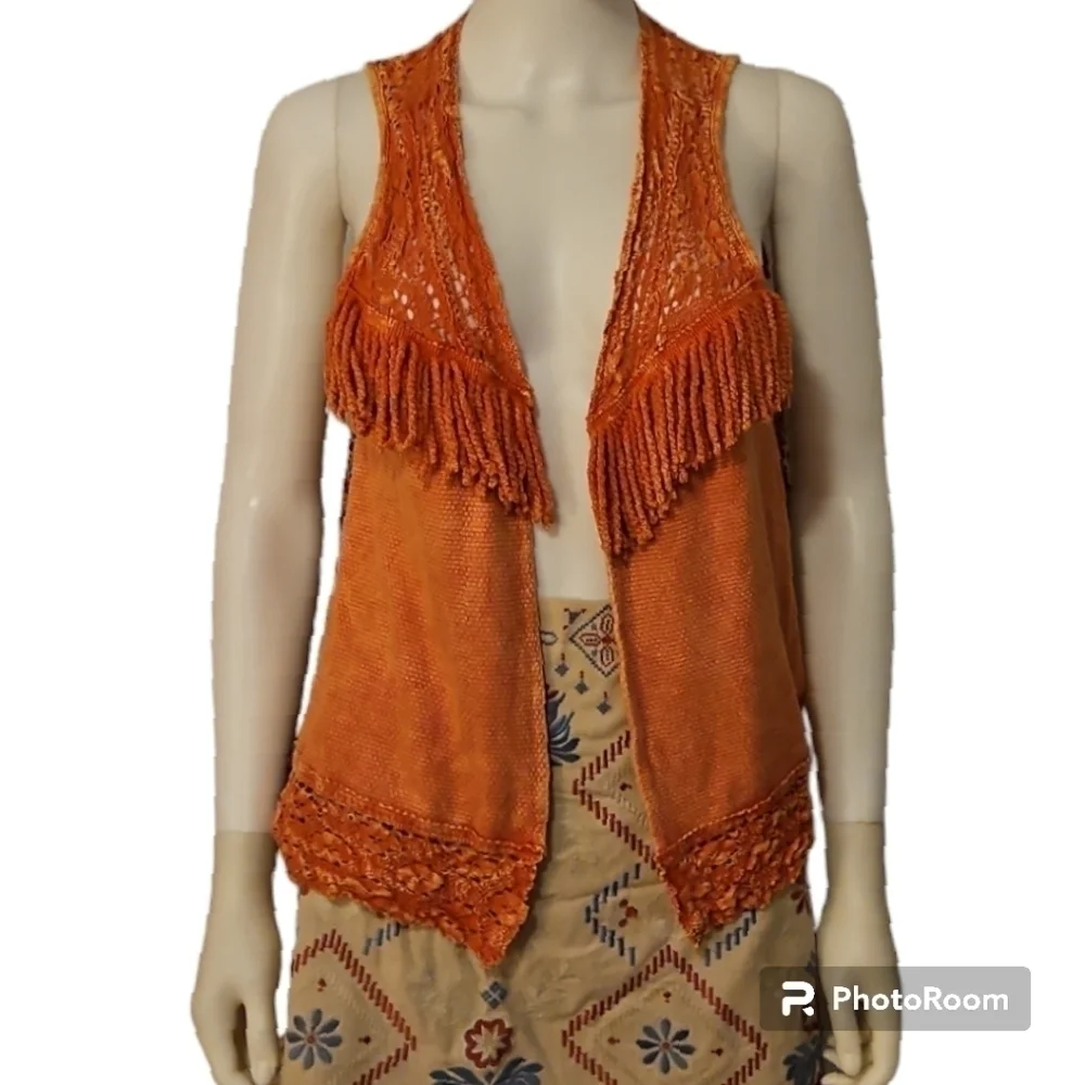 GIMMICKS by BKE Orange Fringe Terry Cloth Waistcoat Festival Vest